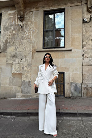 TASARIM ETİKET DETAYLI CEKET - PANTOLON TAKIM - Beyaz