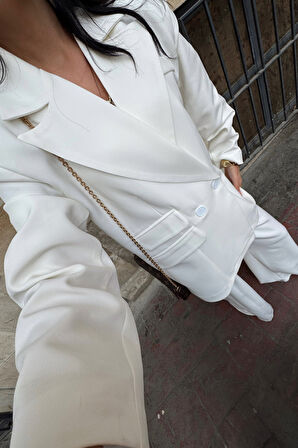 TASARIM ETİKET DETAYLI CEKET - PANTOLON TAKIM - Beyaz