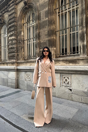 TASARIM ETİKET DETAYLI CEKET - PANTOLON TAKIM - Bej