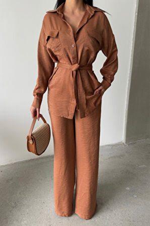 SİMLİ KUMAŞ SALAŞ PANTOLON - GÖMLEK TAKIM - Kahverengi