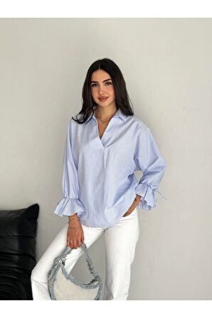 Arkası Asimetrik Yırtmaç Kesim Detaylı Cizgili Bluz Gömlek - Mavi