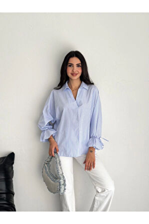 Arkası Asimetrik Yırtmaç Kesim Detaylı Cizgili Bluz Gömlek - Mavi
