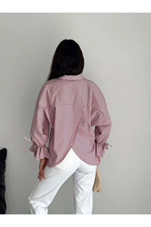 Arkası Asimetrik Yırtmaç Kesim Detaylı Cizgili Bluz Gömlek - Bordo