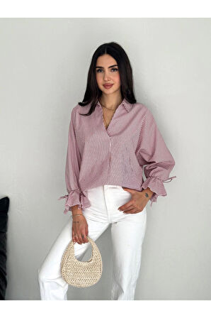 Arkası Asimetrik Yırtmaç Kesim Detaylı Cizgili Bluz Gömlek - Bordo