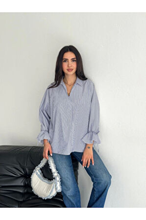 Arkası Asimetrik Yırtmaç Kesim Detaylı Cizgili Bluz Gömlek - Füme