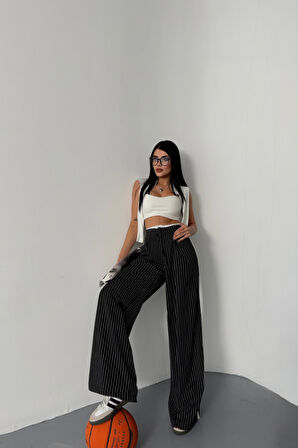 ÇİZGİLİ YANLAR ŞERİT DETAYLI PANTOLON - Siyah