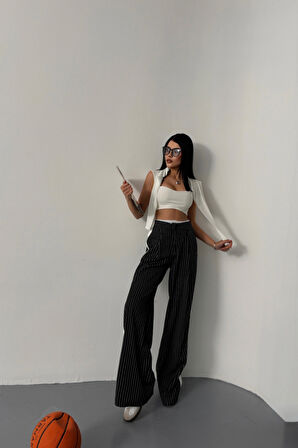 ÇİZGİLİ YANLAR ŞERİT DETAYLI PANTOLON - Siyah