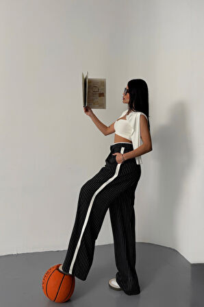 ÇİZGİLİ YANLAR ŞERİT DETAYLI PANTOLON - Siyah