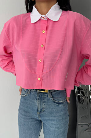 CROP GÖMLEK BEYAZ YAKA VE ETİKET DETAYLI - Pembe