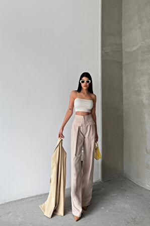 KAPALI GENİŞ PİLE CEP KAPAK DETAYLI PANTOLON - Bej