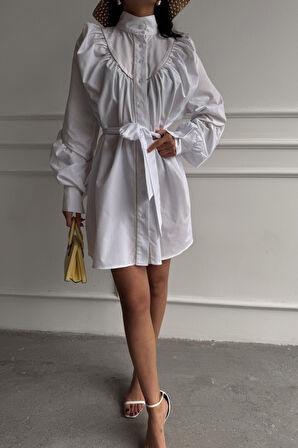 ÖNDEN DÜĞMELİ POPLİN KLOŞ ELBİSE BAĞLAMA KEMER DETAYLI - Beyaz