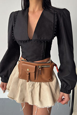 CROP POPLİN GÖMLEK YAKA KENAR DANTEL DETAYLI - Siyah