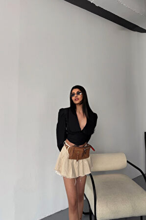 CROP POPLİN GÖMLEK YAKA KENAR DANTEL DETAYLI - Siyah