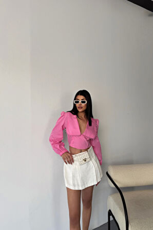 CROP POPLİN GÖMLEK YAKA KENAR DANTEL DETAYLI - Pembe