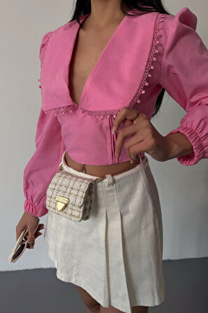 CROP POPLİN GÖMLEK YAKA KENAR DANTEL DETAYLI - Pembe