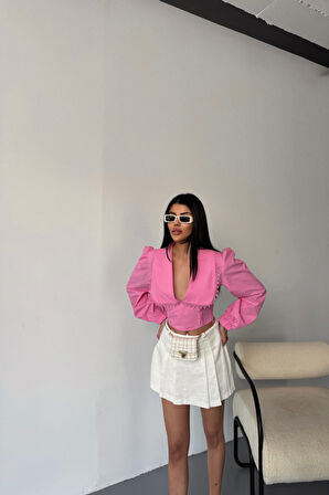 CROP POPLİN GÖMLEK YAKA KENAR DANTEL DETAYLI - Pembe