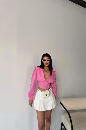 CROP POPLİN GÖMLEK YAKA KENAR DANTEL DETAYLI - Pembe