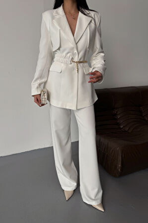 CEKET PANTOLON TAKIM TASARIM ZİNCİR  KEMER DETAYLI - Beyaz