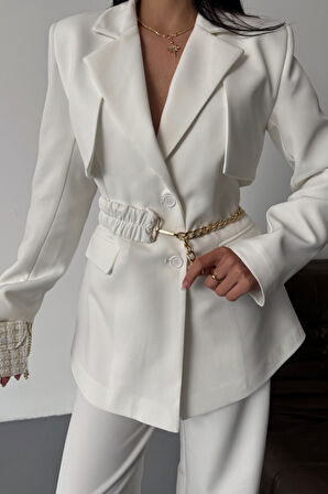 CEKET PANTOLON TAKIM TASARIM ZİNCİR  KEMER DETAYLI - Beyaz