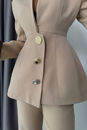 TASARIM CEKET-PANTOLON TAKIM METAL DÜĞME DETAYLI - Bej