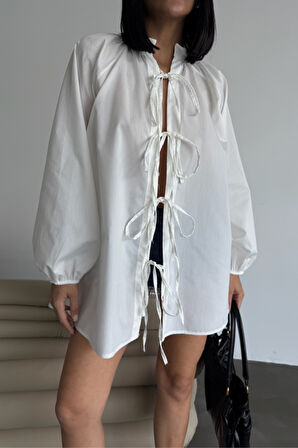 GÖMLEK POPLİN HAKİM YAKA ÖNDEN BAĞLAMA İP DETAYLI - Beyaz