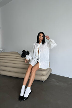 GÖMLEK POPLİN HAKİM YAKA ÖNDEN BAĞLAMA İP DETAYLI - Beyaz