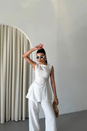 JAKAR KETEN KOLSUZ BLUZ-PANTOLON TK - Beyaz