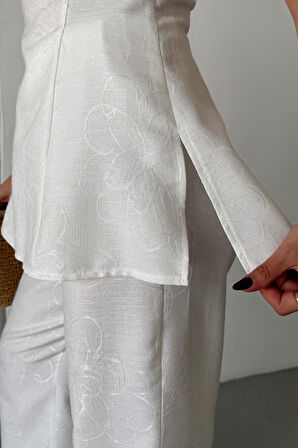 JAKAR KETEN KOLSUZ BLUZ-PANTOLON TK - Beyaz