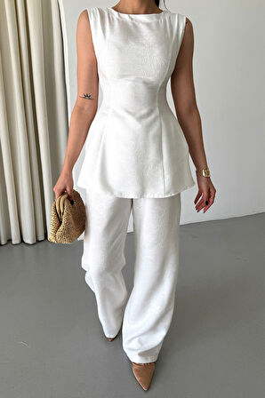 JAKAR KETEN KOLSUZ BLUZ-PANTOLON TK - Beyaz