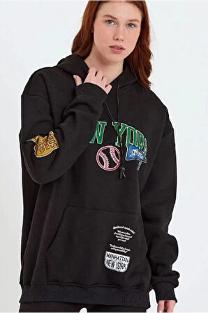 Baskılı Kapüşonlu Sweatshirt - Siyah