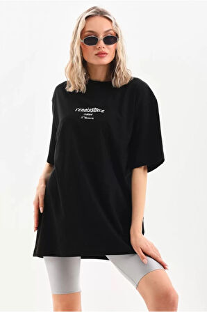 Unisex Baskılı Oversize T-Shirt - Siyah