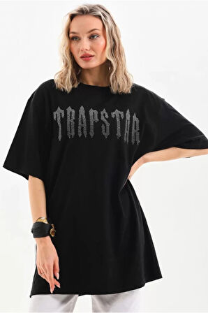 Unisex Taş Desenli Oversize T-Shirt - Siyah