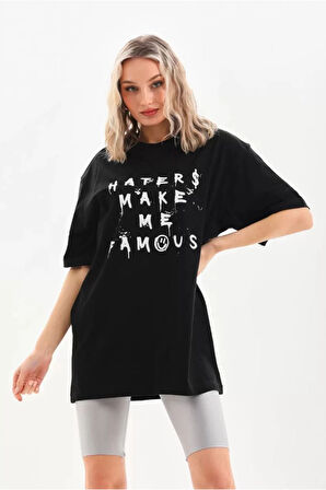 Unisex Baskılı Oversize T-Shirt - Siyah