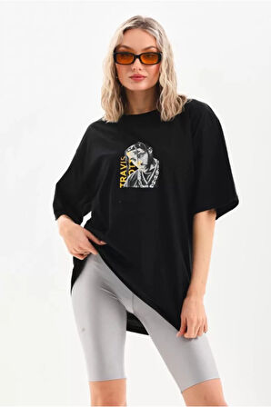 Unisex Baskılı Oversize T-Shirt - Siyah