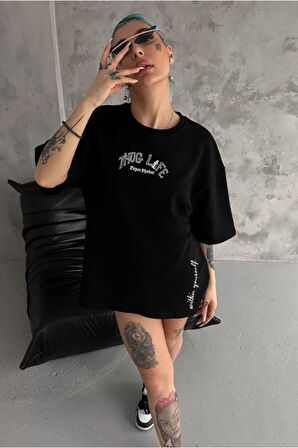 Unisex Baskılı Oversize T-Shirt - Siyah