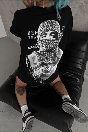 Unisex Baskılı Oversize T-Shirt - Siyah