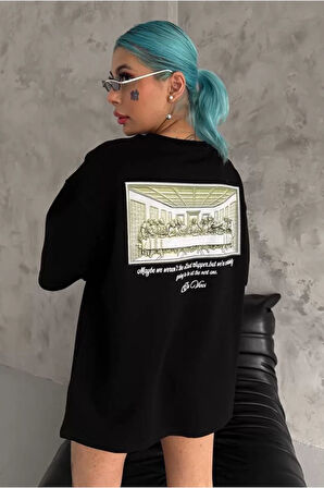 Unisex Baskılı Oversize T-Shirt - Siyah