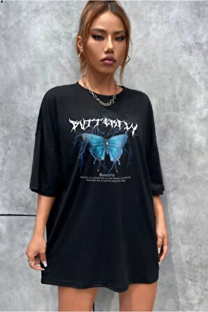 Unisex Baskılı Oversize T-Shirt - Siyah