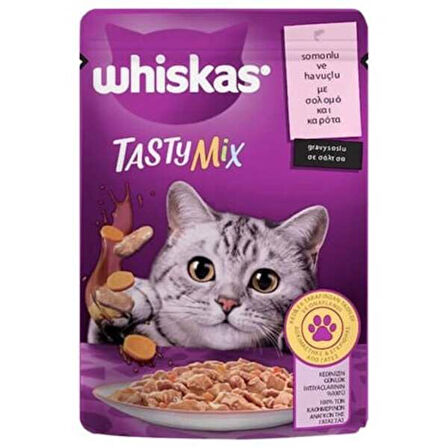 Whiskas Pouch Tasty Mix Sos İçerisinde Somonlu ve Havuçlu Yetişkin Konserve Kedi Maması 85 Gr