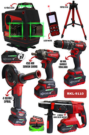 RETOOLS 6 LI SET KIRMIZI KABARTMALI (4 LÜ SET+16 YÖNLÜ KIRMIZI LAZER (HOPARLÖRLÜ)+ 70 M LAZER METRE)