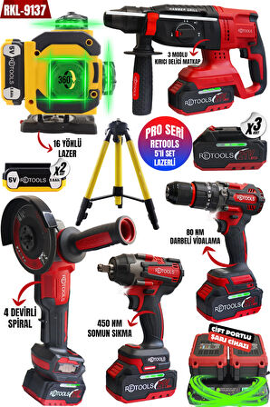 RETOOLS 5'Lİ SET KIRMIZI KABARTMALI (4 LÜ SET + 16 YÖNLÜ SARI LAZER (TRİPOD AYAK HEDİYELİ))