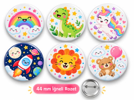 REKLORYA 44 mm Çocuk Rozet Seti – 6'lı Renkli Figürlü İğneli Rozet | Unicorn, Dinozor, Gökkuşağı, Aslan, Roket ve Ayıcık