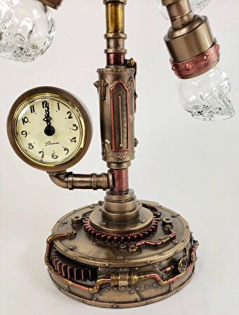 Steampunk Serisi Boru Sistemli, Saatli, Kristal 6Lı Kafatası LED Gece Lambası