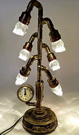 Steampunk Serisi Boru Sistemli, Saatli, Kristal 6Lı Kafatası LED Gece Lambası