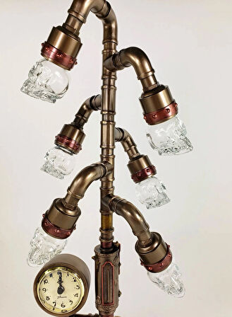 Steampunk Serisi Boru Sistemli, Saatli, Kristal 6Lı Kafatası LED Gece Lambası