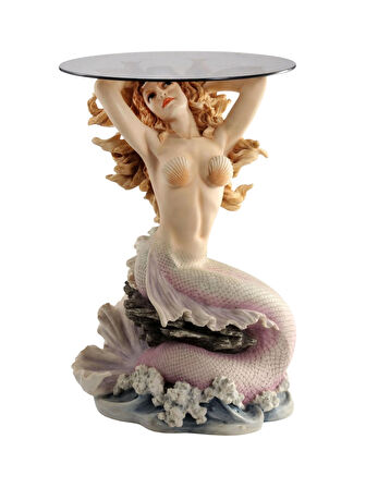 Denizkızı Figürlü Reçine Yuvarlak Cam Sehpa