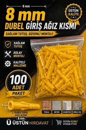 8MM ROKET DUBEL 100ADET (ÜRÜN RENGİ SARI OLARAK GÖNDERİM SAĞLANMAKTA) 