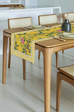 Sarı Zemin Botanik Çiçekler Tasarımlı Lazer Kesim Runner 48x135cm