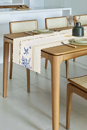 Royal White Uyumlu Çiçek ve Kuş Tasarımlı Dikişsiz Lazer Kesim Runner - 48x135cm