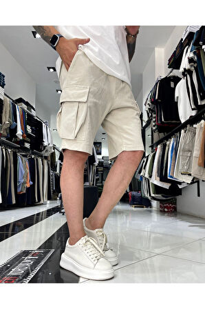 Kargo Cepli Lastikli Erkek Denim Şort